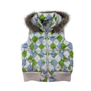 VIntage Y2k Deb Shop Puffer Vest Fur Hood Coat Diamond Print Womens Large